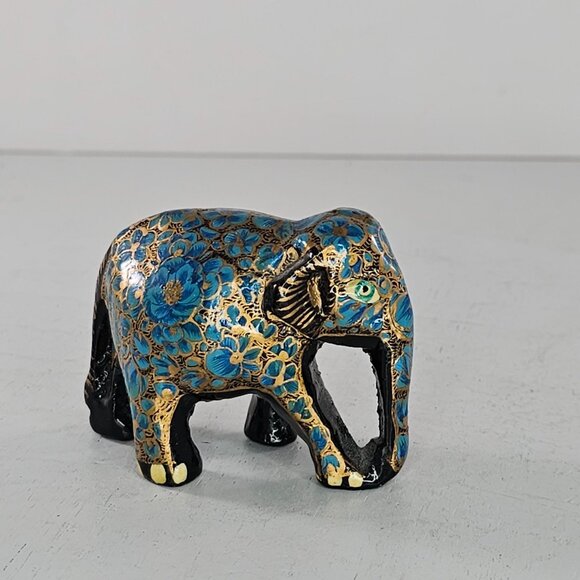 Hand-Painted Paper Mache Wood Elephant Figurine Blue Gold Floral Black 2" - Picture 3 of 8